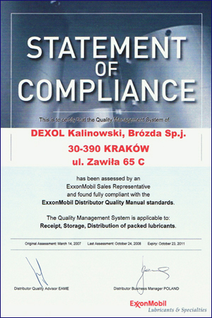 Mobil certyfikat jakości Dexol 2008
