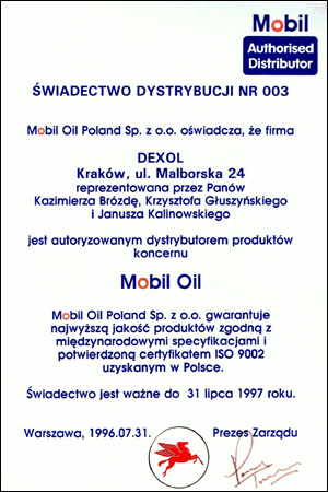 mobil dexol certyfikat dystrybutora 1996