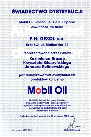 mobil dexol certyfikat dystrybutora 1999
